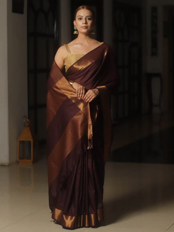 Banarasee Katan-Silk Plain Saree With Antique Zari Border-Brown