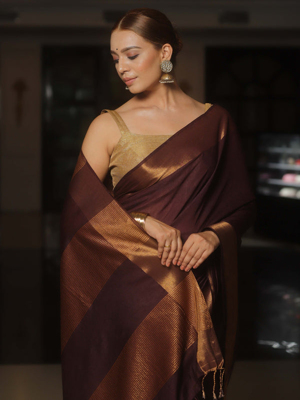 Banarasee Katan-Silk Plain Saree With Antique Zari Border-Brown