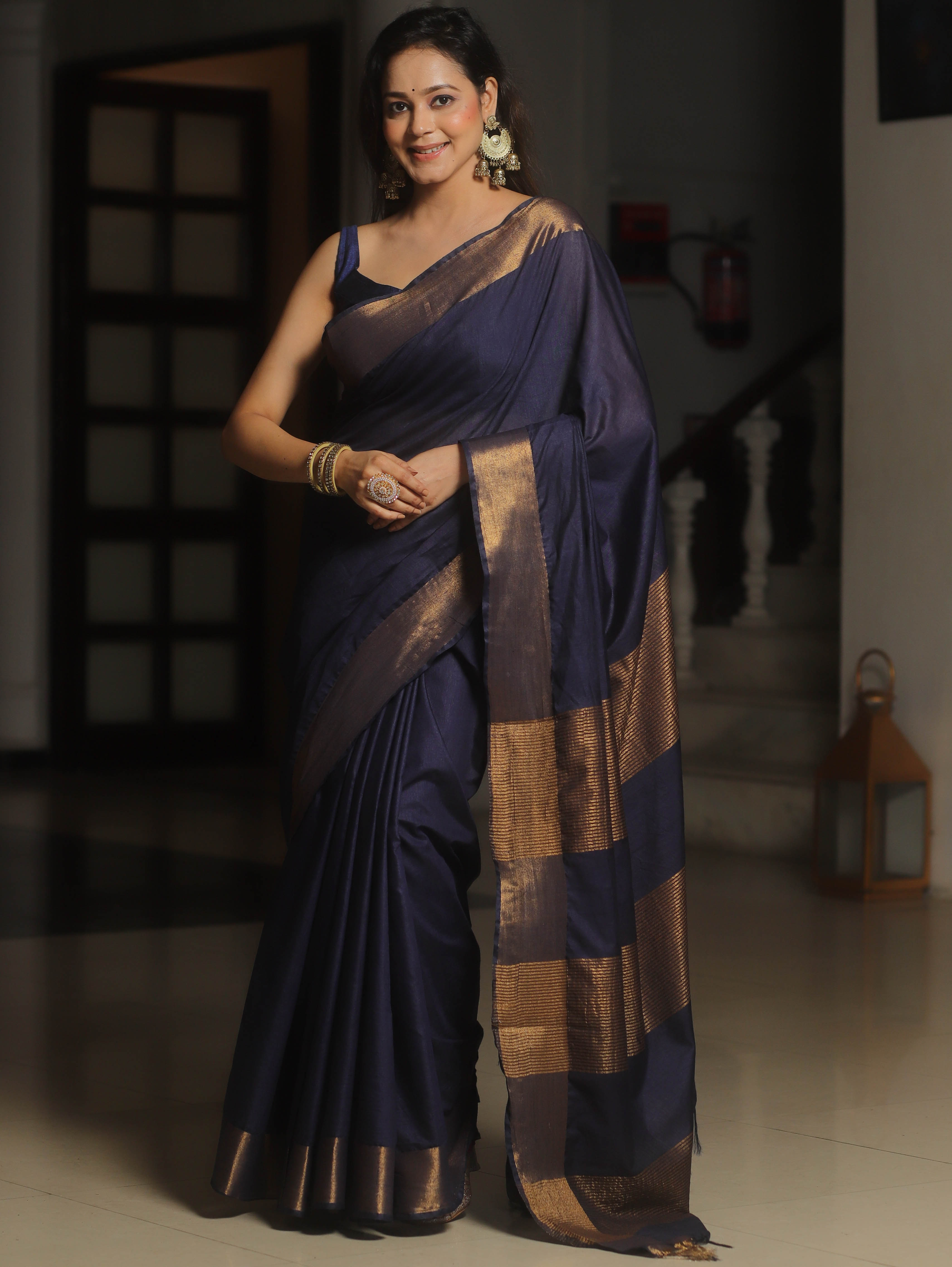 Banarasee Katan-Silk Plain Saree With Antique Zari Border-Blue