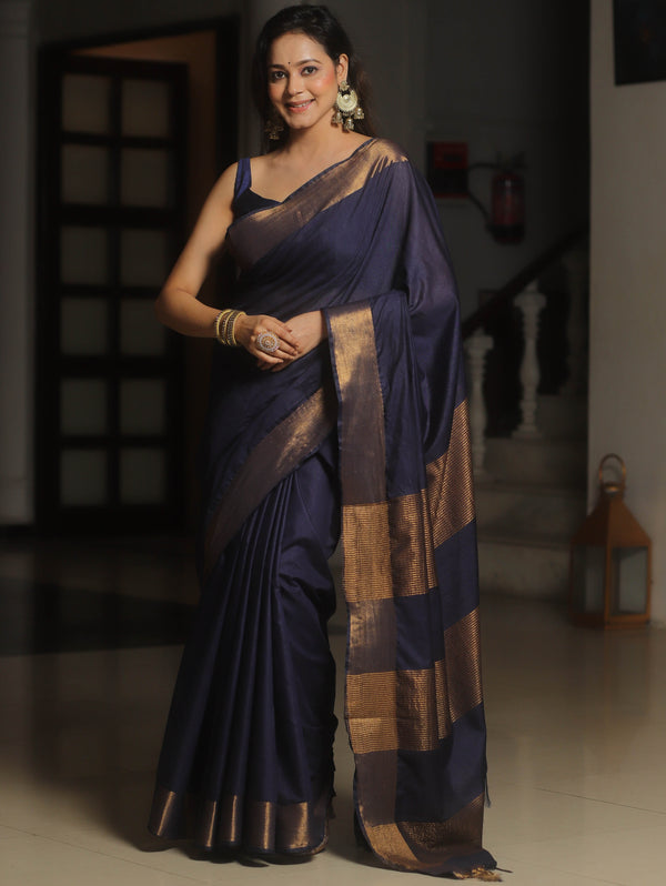 Banarasee Katan-Silk Plain Saree With Antique Zari Border-Blue