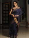 Banarasee Katan-Silk Plain Saree With Antique Zari Border-Blue