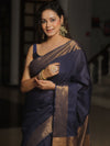 Banarasee Katan-Silk Plain Saree With Antique Zari Border-Blue