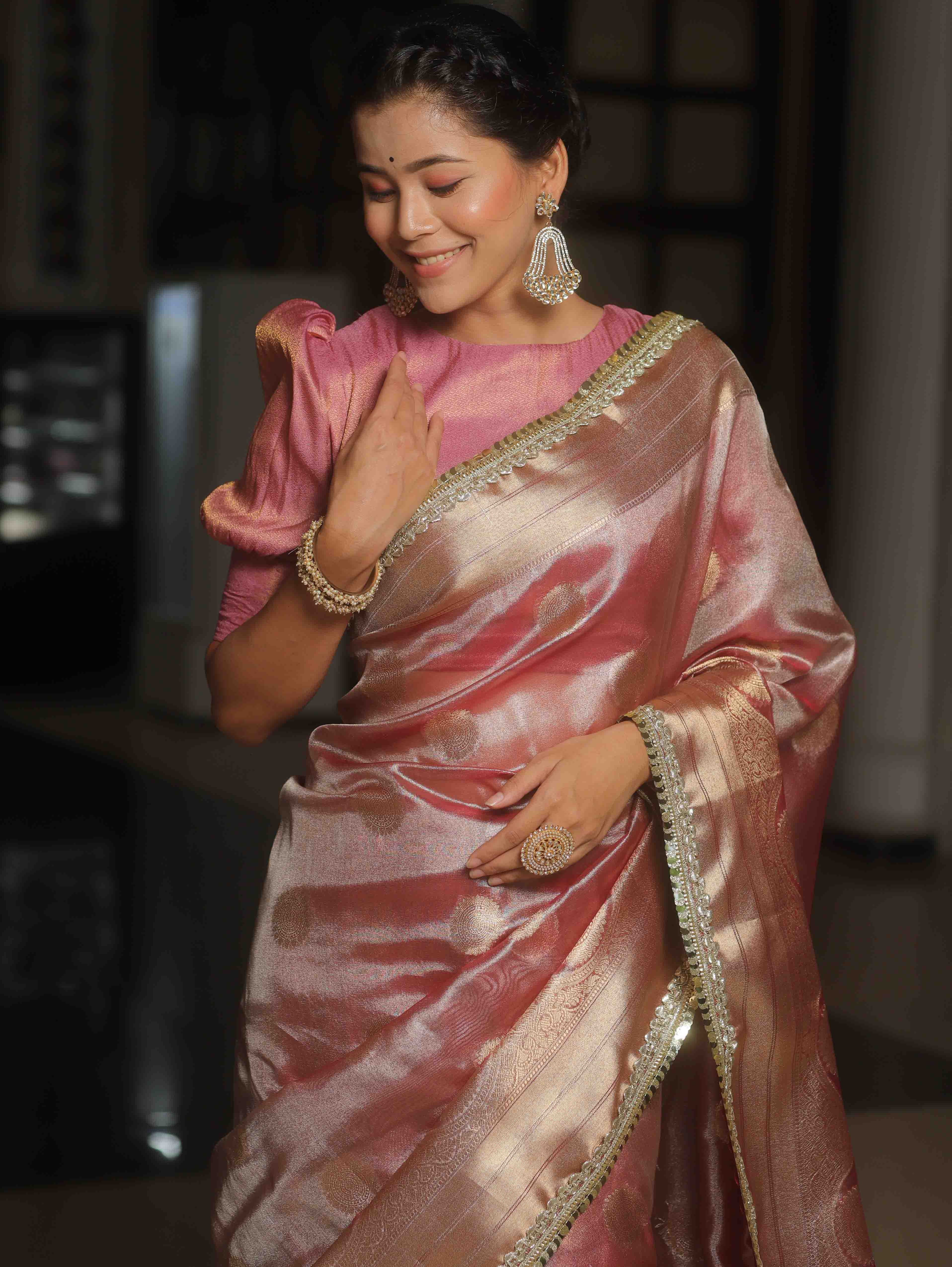 Banarasee Handwoven Tissue Saree Zari Border & Buta Design With Lace-Pink