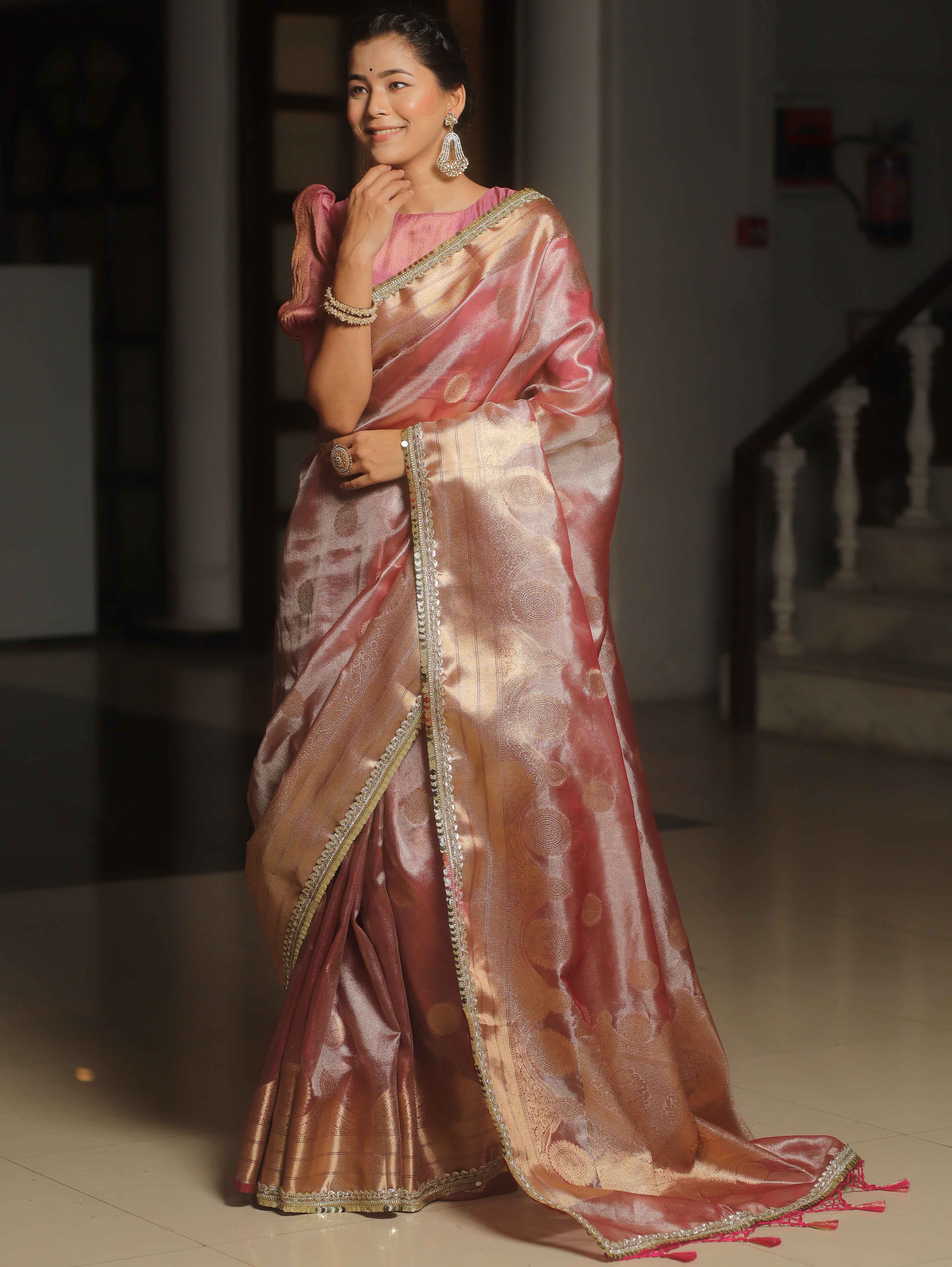 Banarasee Handwoven Tissue Saree Zari Border & Buta Design With Lace-Pink