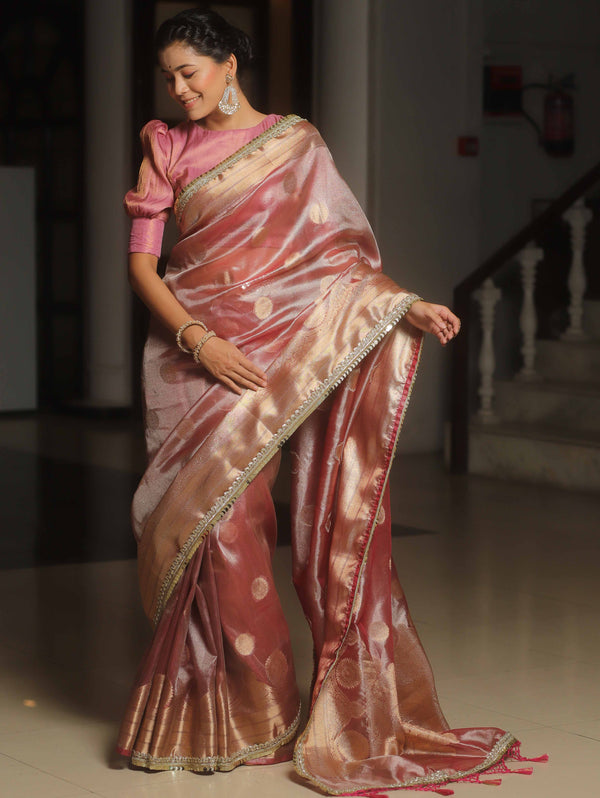 Banarasee Handwoven Tissue Saree Zari Border & Buta Design With Lace-Pink