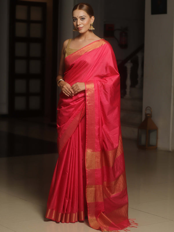 Banarasee Katan-Silk Plain Saree With Antique Zari Border-Pink