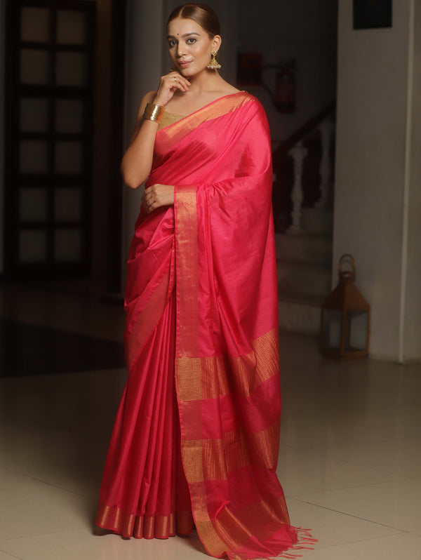 Banarasee Katan-Silk Plain Saree With Antique Zari Border-Pink