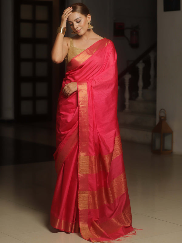 Banarasee Katan-Silk Plain Saree With Antique Zari Border-Pink