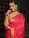 Banarasee Katan-Silk Plain Saree With Antique Zari Border-Pink