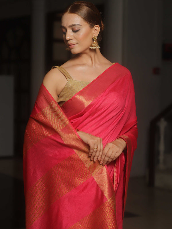 Banarasee Katan-Silk Plain Saree With Antique Zari Border-Pink