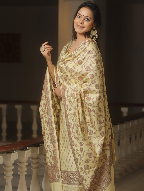 Banarasee Cotton Salwar Kameez Fabric With Dupatta & Resham Zari-Yellow