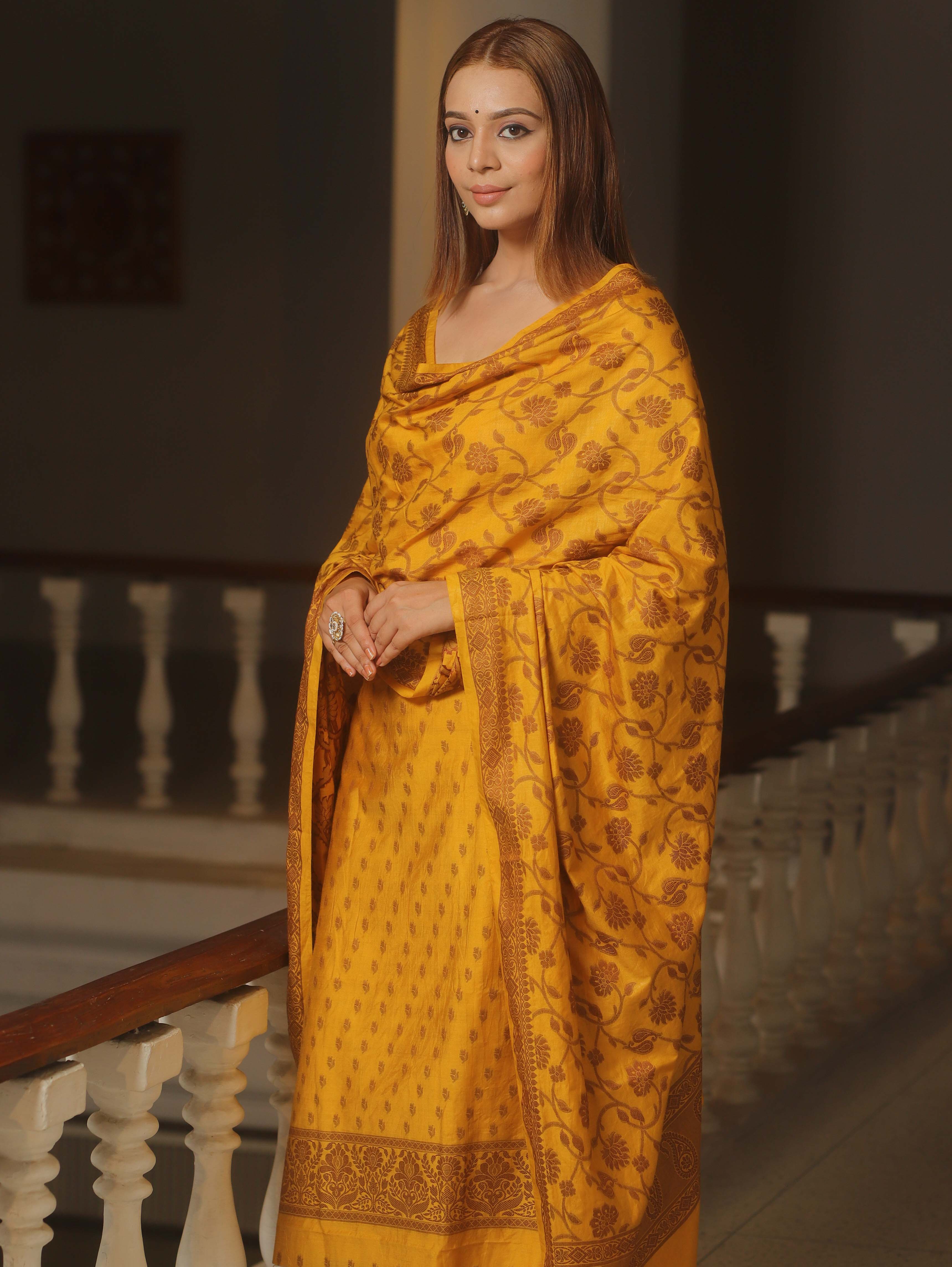 Banarasee Cotton Salwar Kameez Fabric With Dupatta & Resham Zari-Yellow