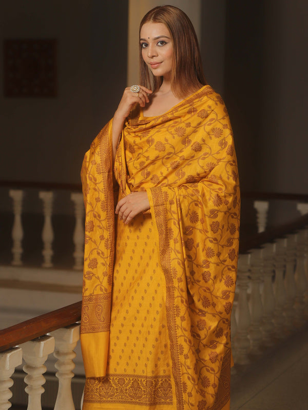 Banarasee Cotton Salwar Kameez Fabric With Dupatta & Resham Zari-Yellow