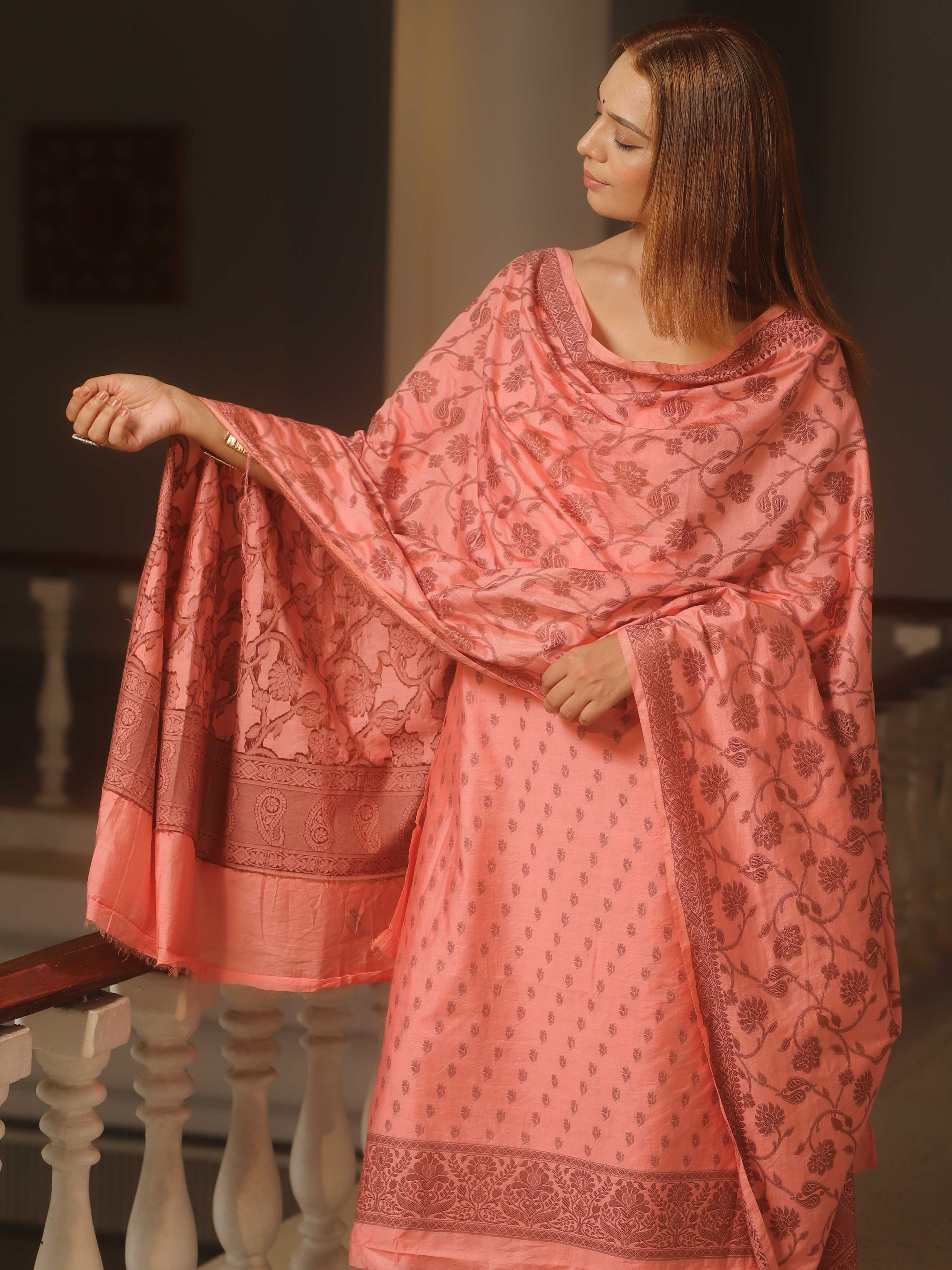 Banarasee Cotton Salwar Kameez Fabric With Dupatta & Resham Zari-Peach