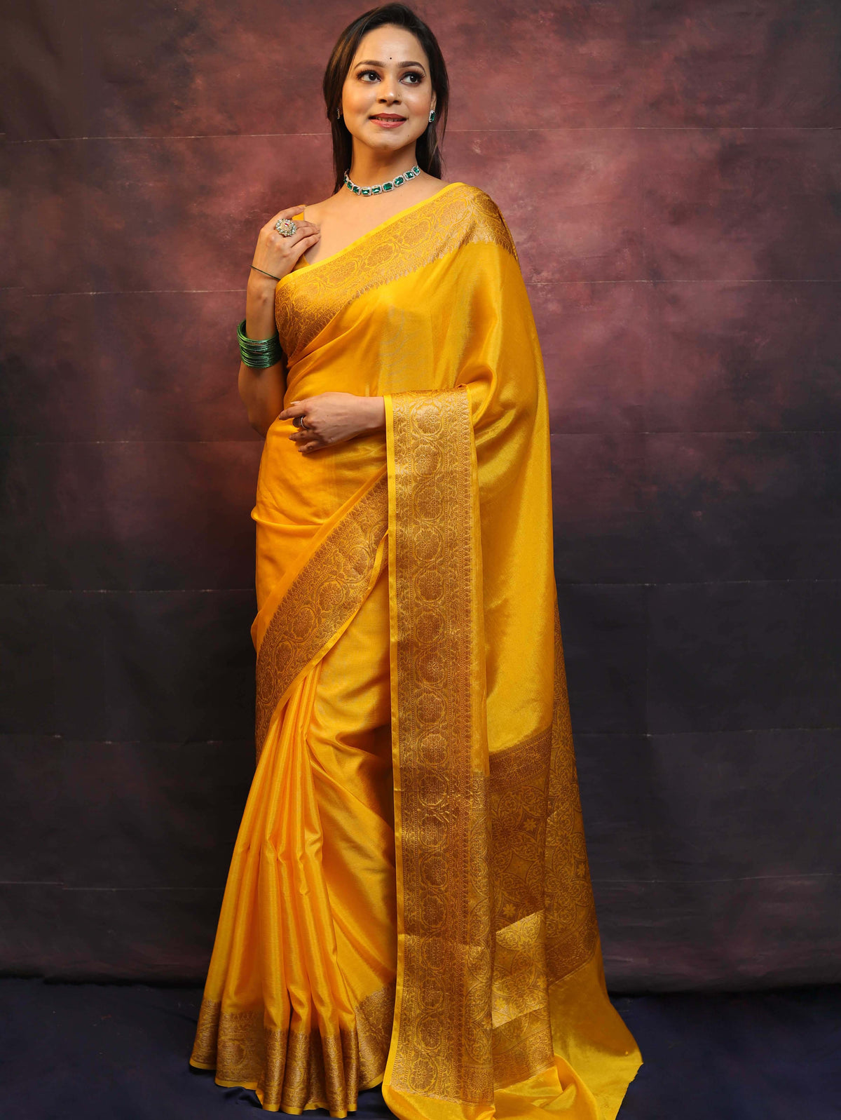 Banarasee Handwoven Semi Silk Plain Saree With Zari Border-Yellow