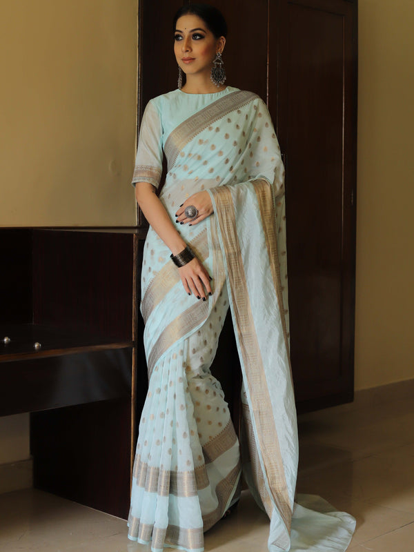 Banarasee Handwoven Semi Silk Saree With Antique Zari Design-Pastel Blue