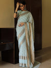 Banarasee Handwoven Semi Silk Saree With Antique Zari Design-Pastel Blue