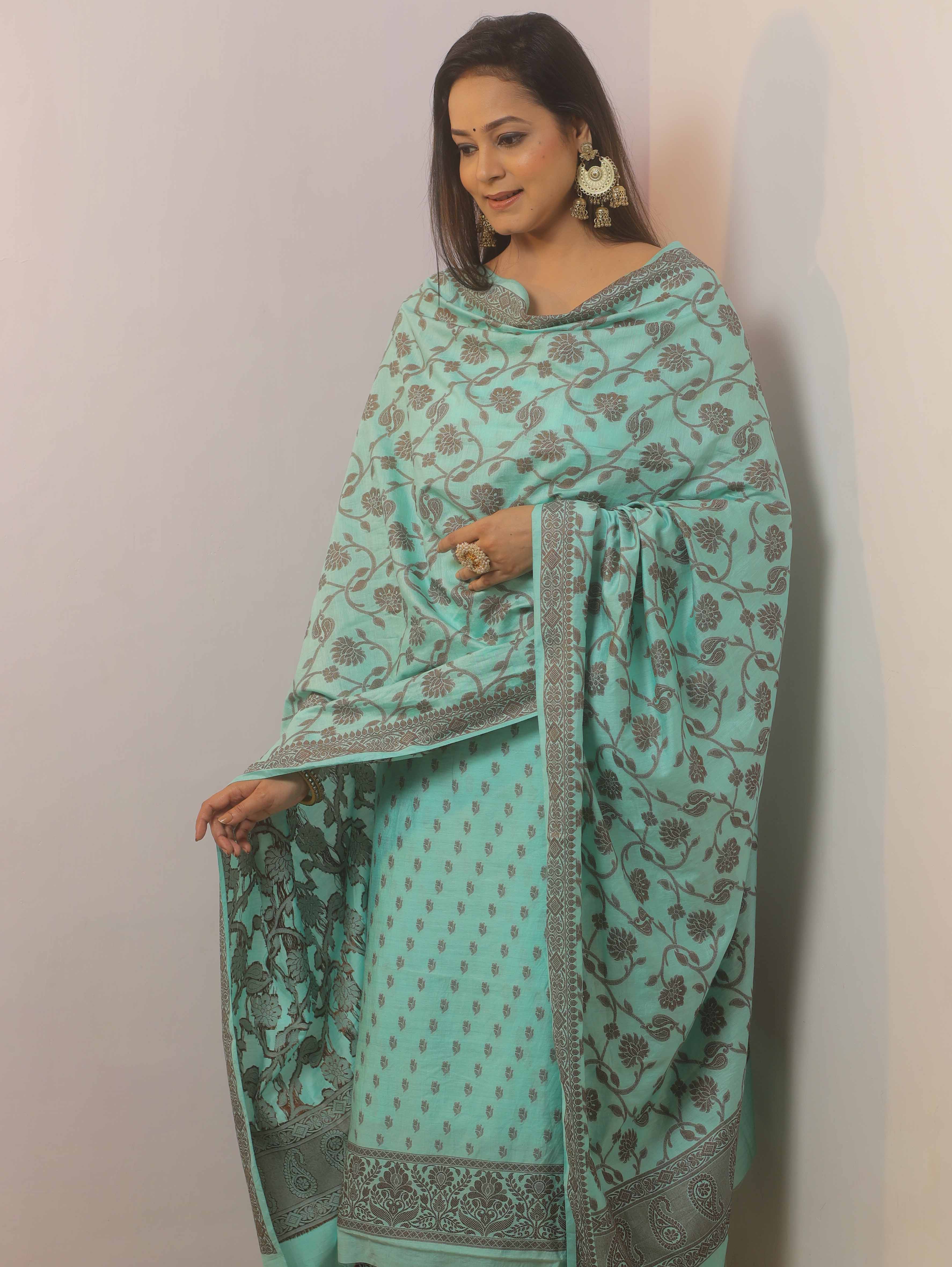 Banarasee Cotton Salwar Kameez Fabric With Dupatta & Resham Zari-Tarquoise Green