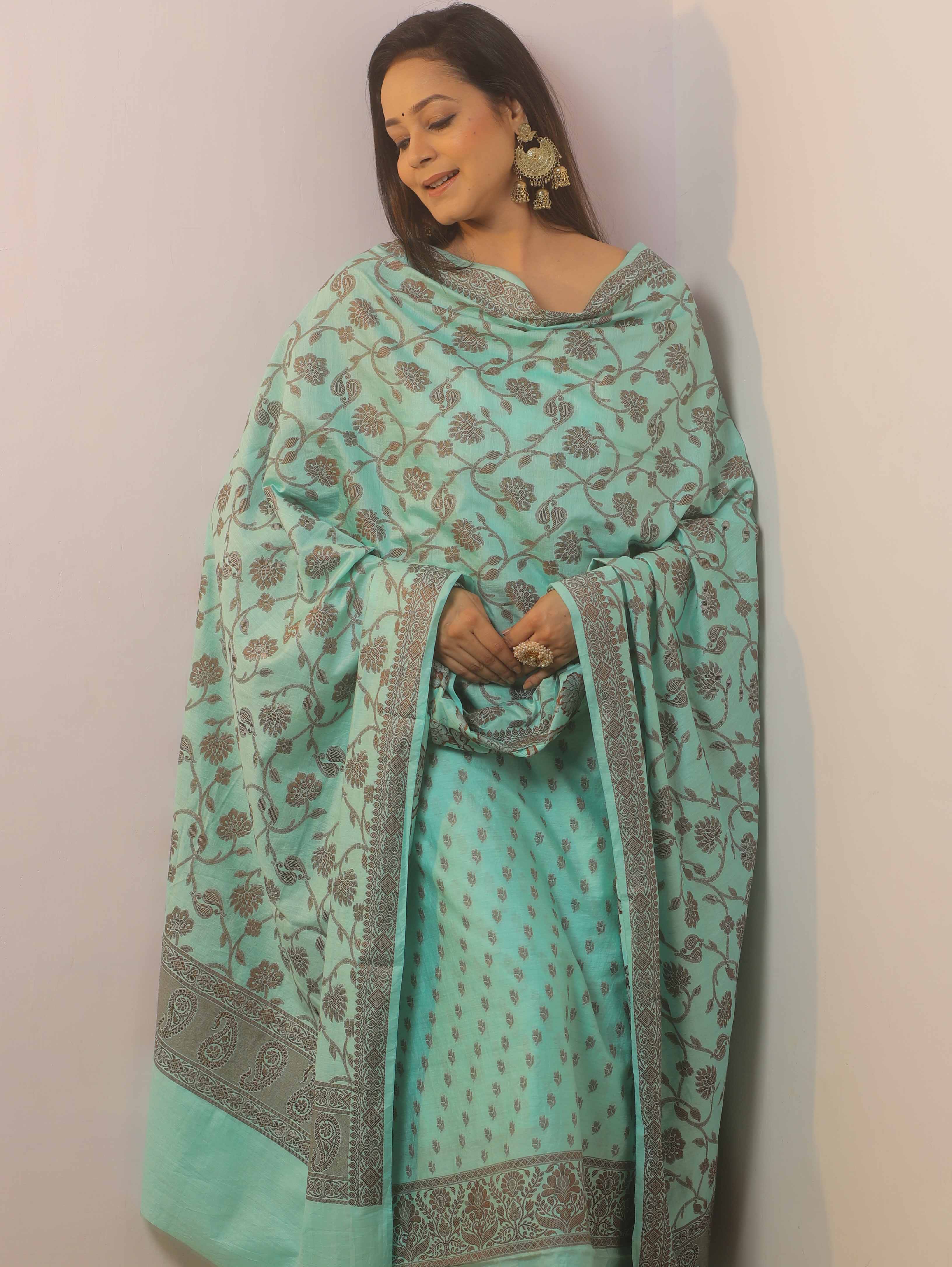 Banarasee Cotton Salwar Kameez Fabric With Dupatta & Resham Zari-Tarquoise Green