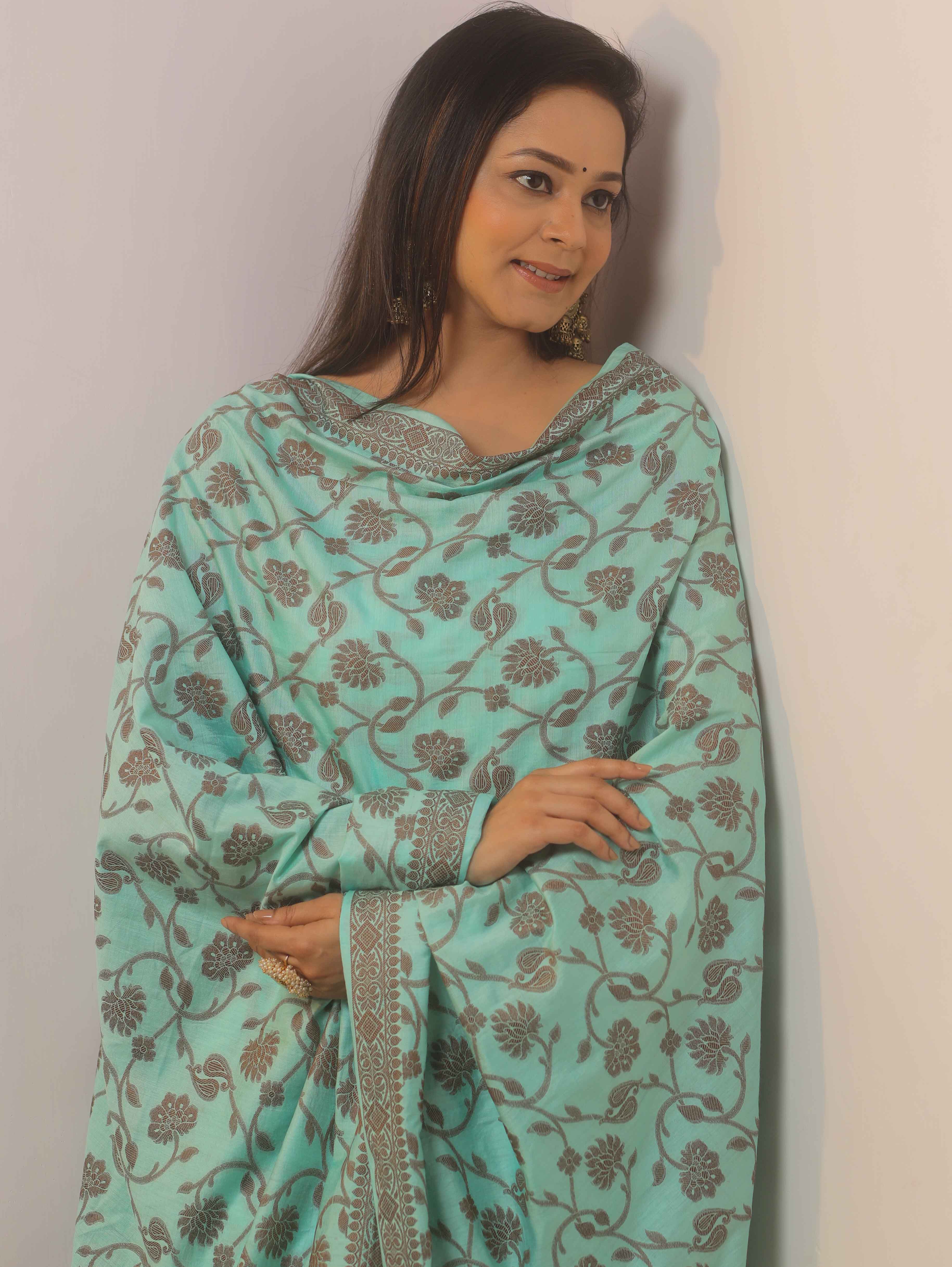 Banarasee Cotton Salwar Kameez Fabric With Dupatta & Resham Zari-Tarquoise Green