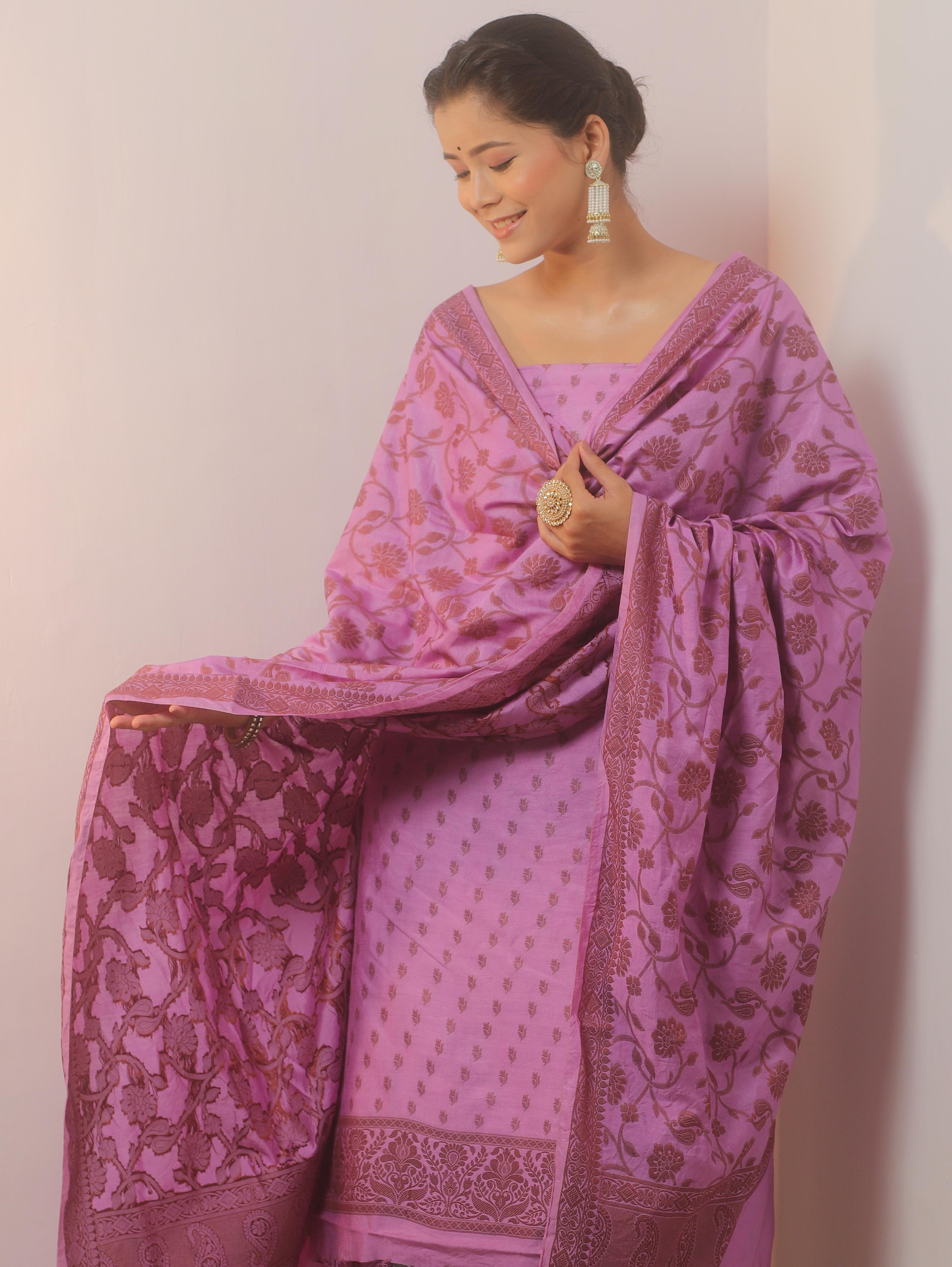 Banarasee Cotton Salwar Kameez Fabric With Dupatta & Resham Zari-Lavender