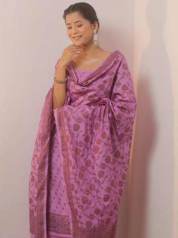 Banarasee Cotton Salwar Kameez Fabric With Dupatta & Resham Zari-Lavender