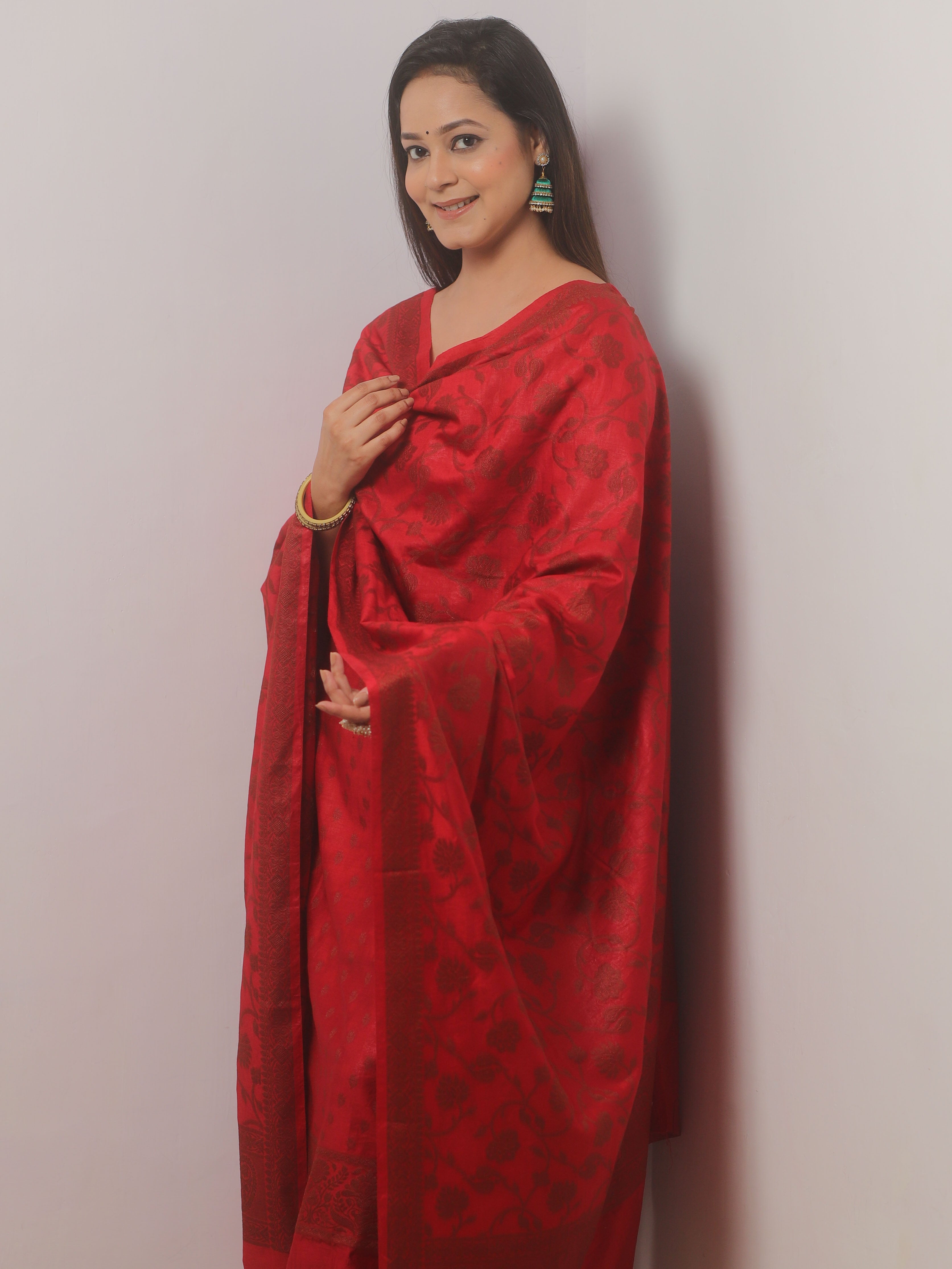 Banarasee Cotton Salwar Kameez Fabric With Dupatta & Resham Zari-Red