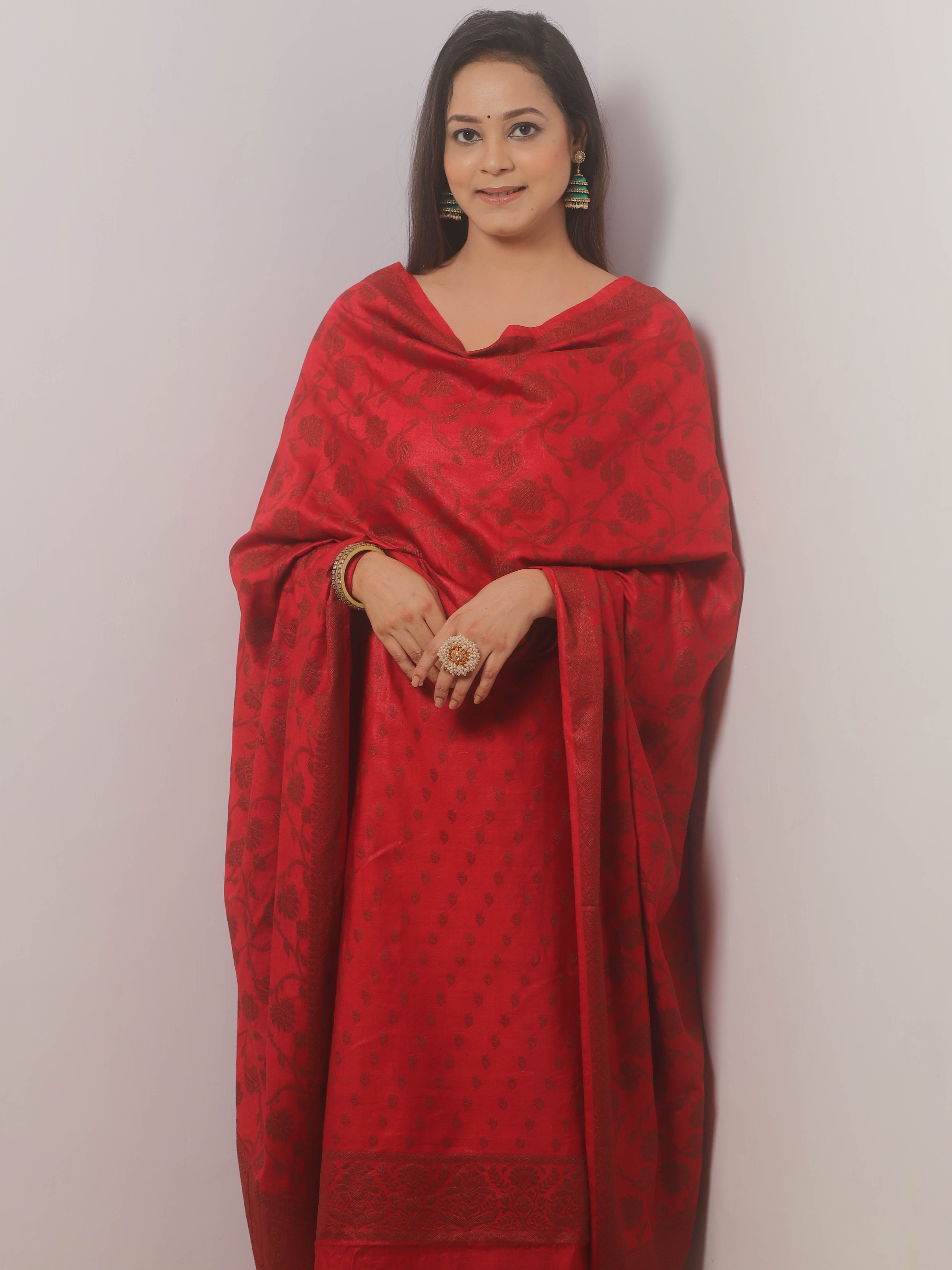 Banarasee Cotton Salwar Kameez Fabric With Dupatta & Resham Zari-Red