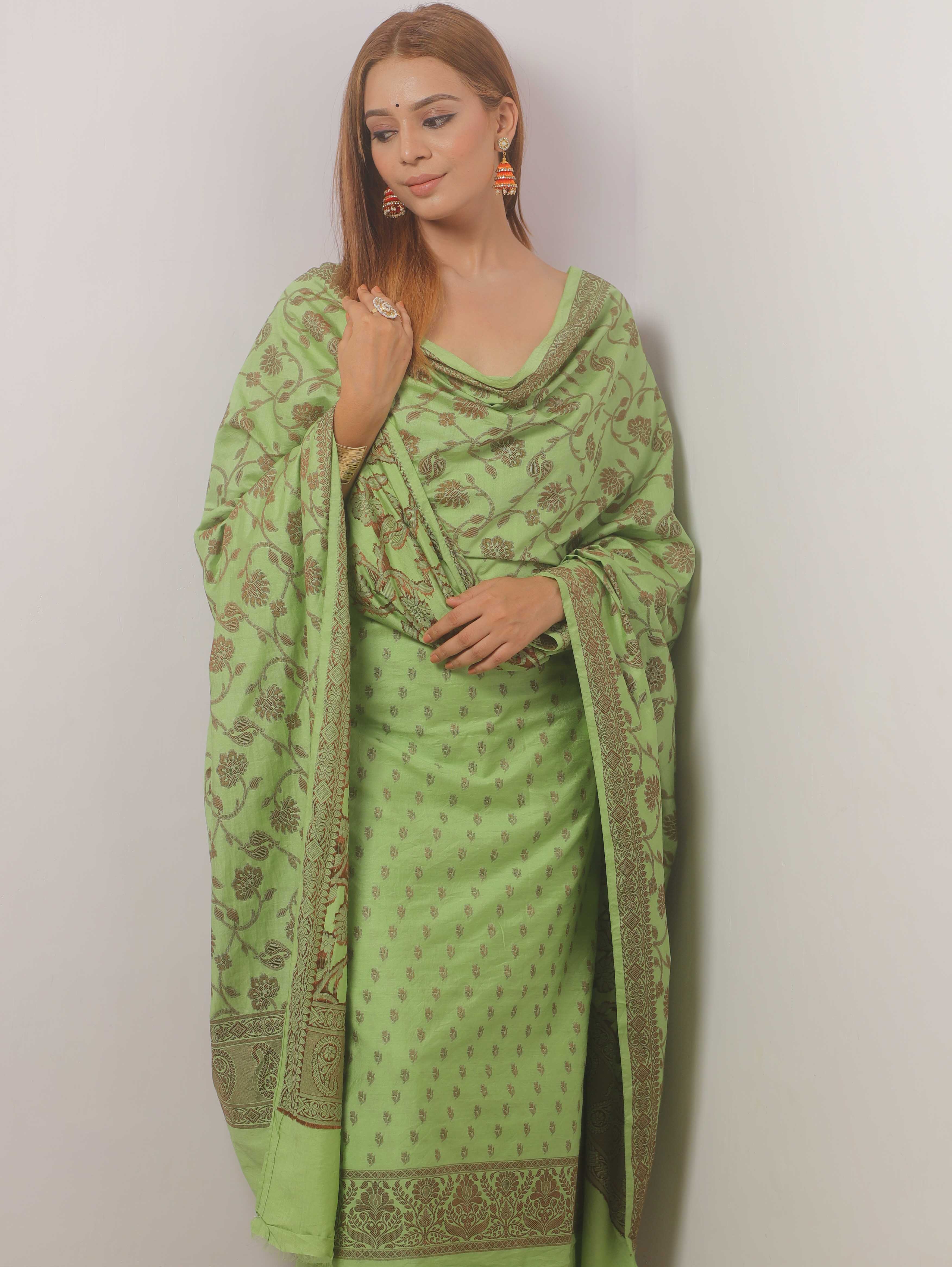 Banarasee Cotton Salwar Kameez Fabric With Dupatta & Resham Zari-Green