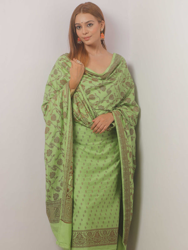 Banarasee Cotton Salwar Kameez Fabric With Dupatta & Resham Zari-Green