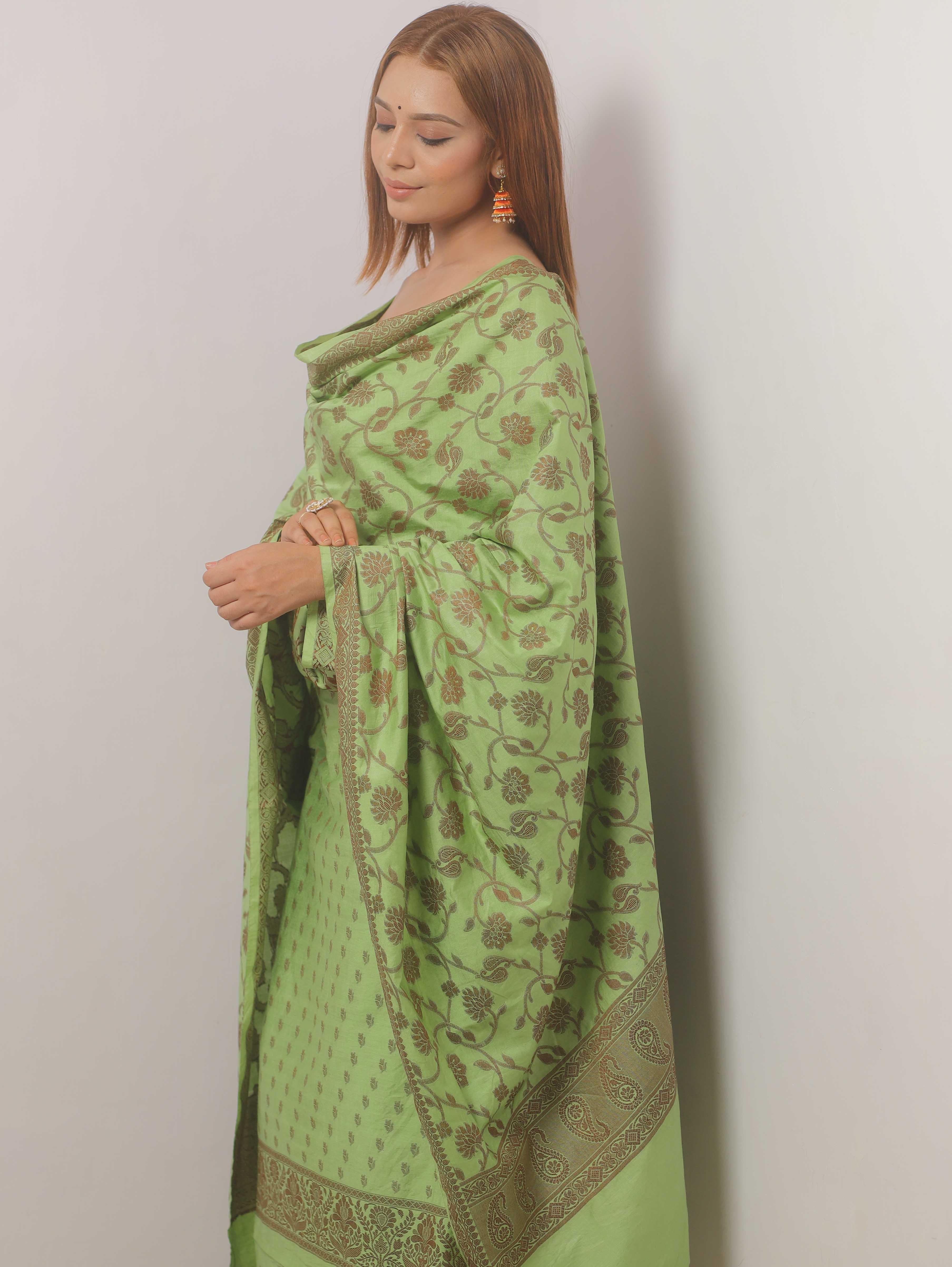 Banarasee Cotton Salwar Kameez Fabric With Dupatta & Resham Zari-Green