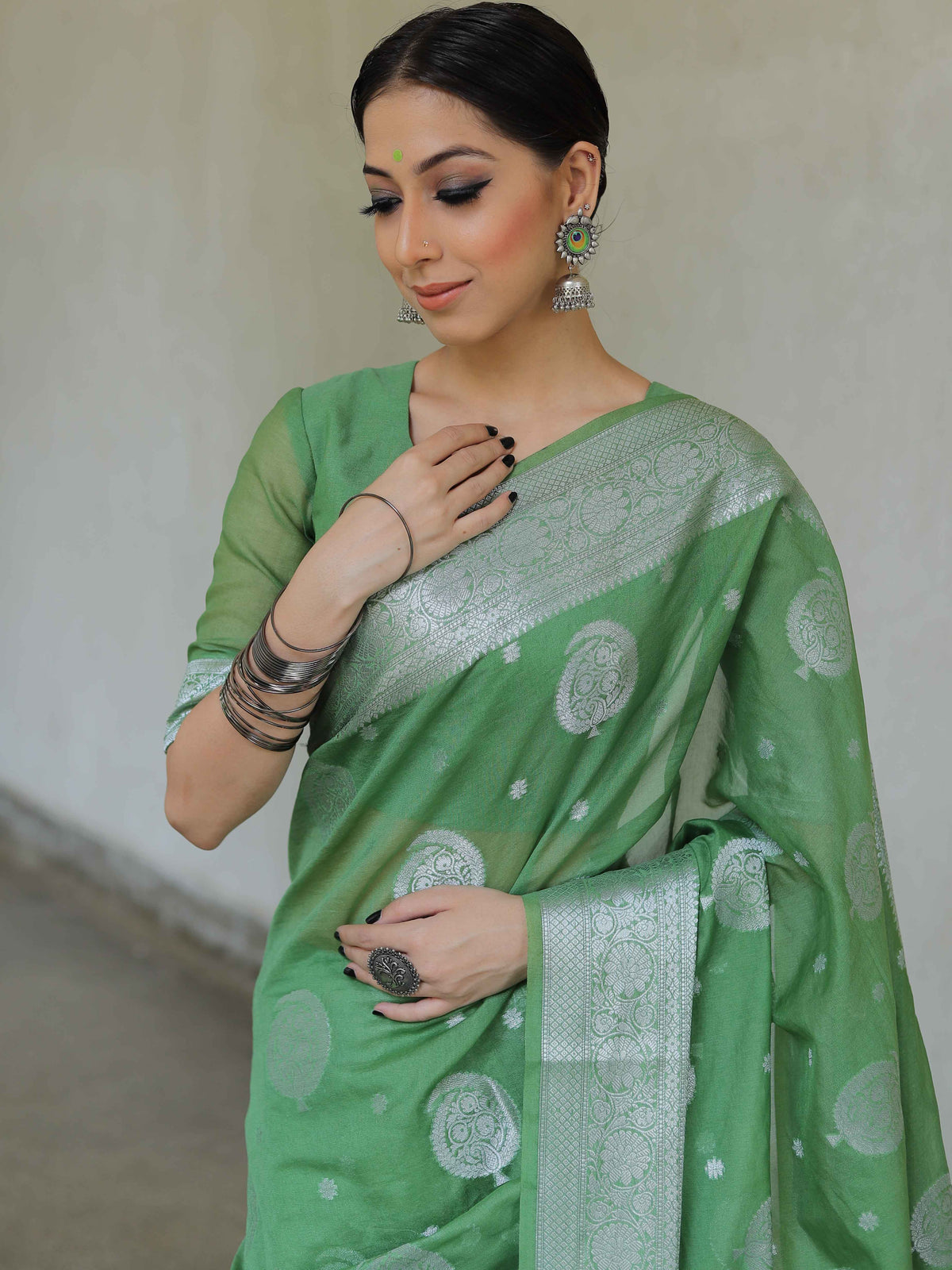 Banarasee Faux Georgette Saree With Silver Zari Buta & Border-Olive Gr