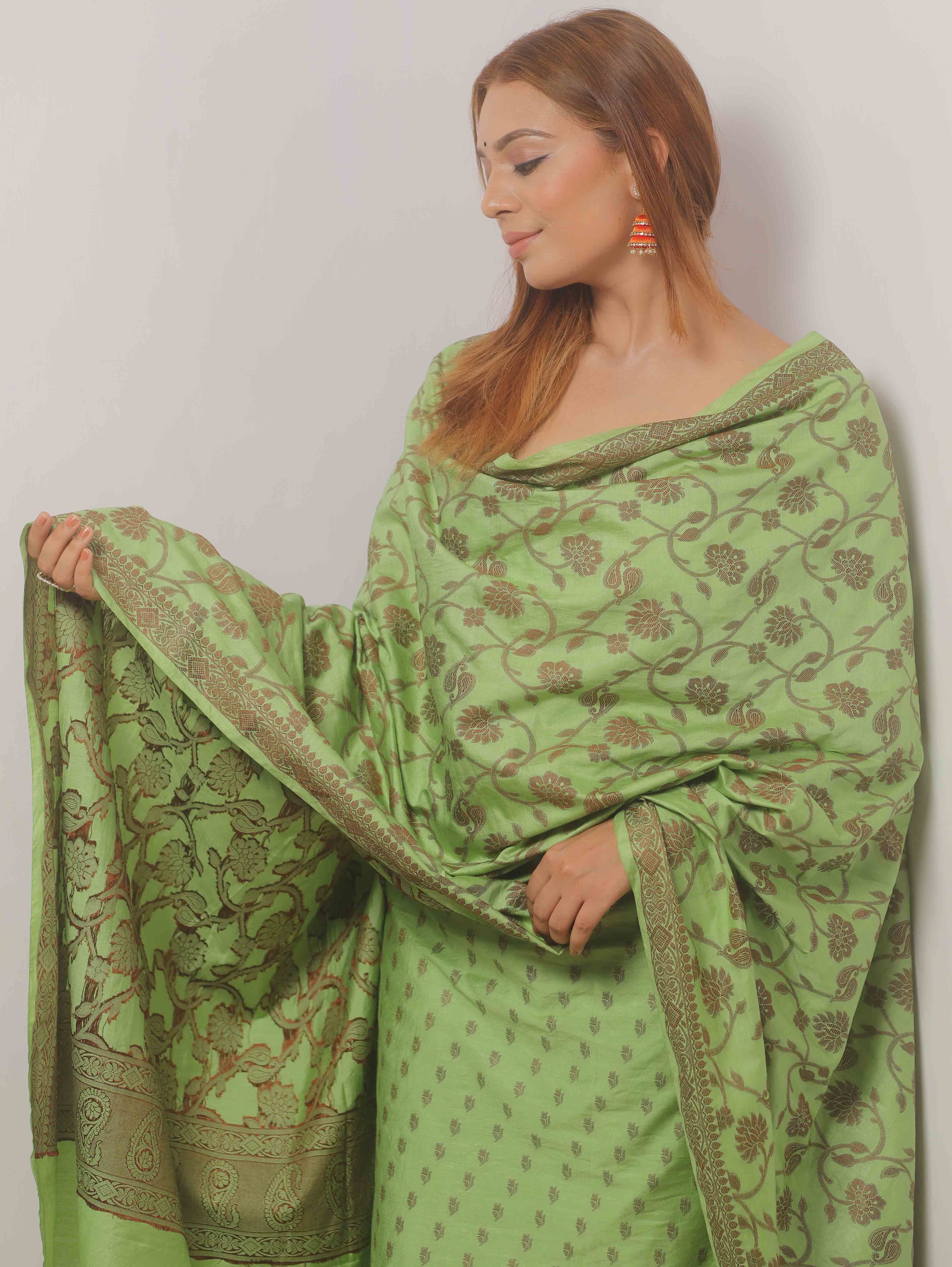 Banarasee Cotton Salwar Kameez Fabric With Dupatta & Resham Zari-Green