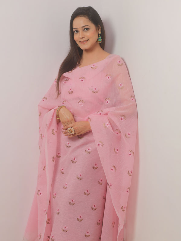 Banarasee Embroidered Linen Cotton Salwar Kameez Fabric With Dupatta-Pink