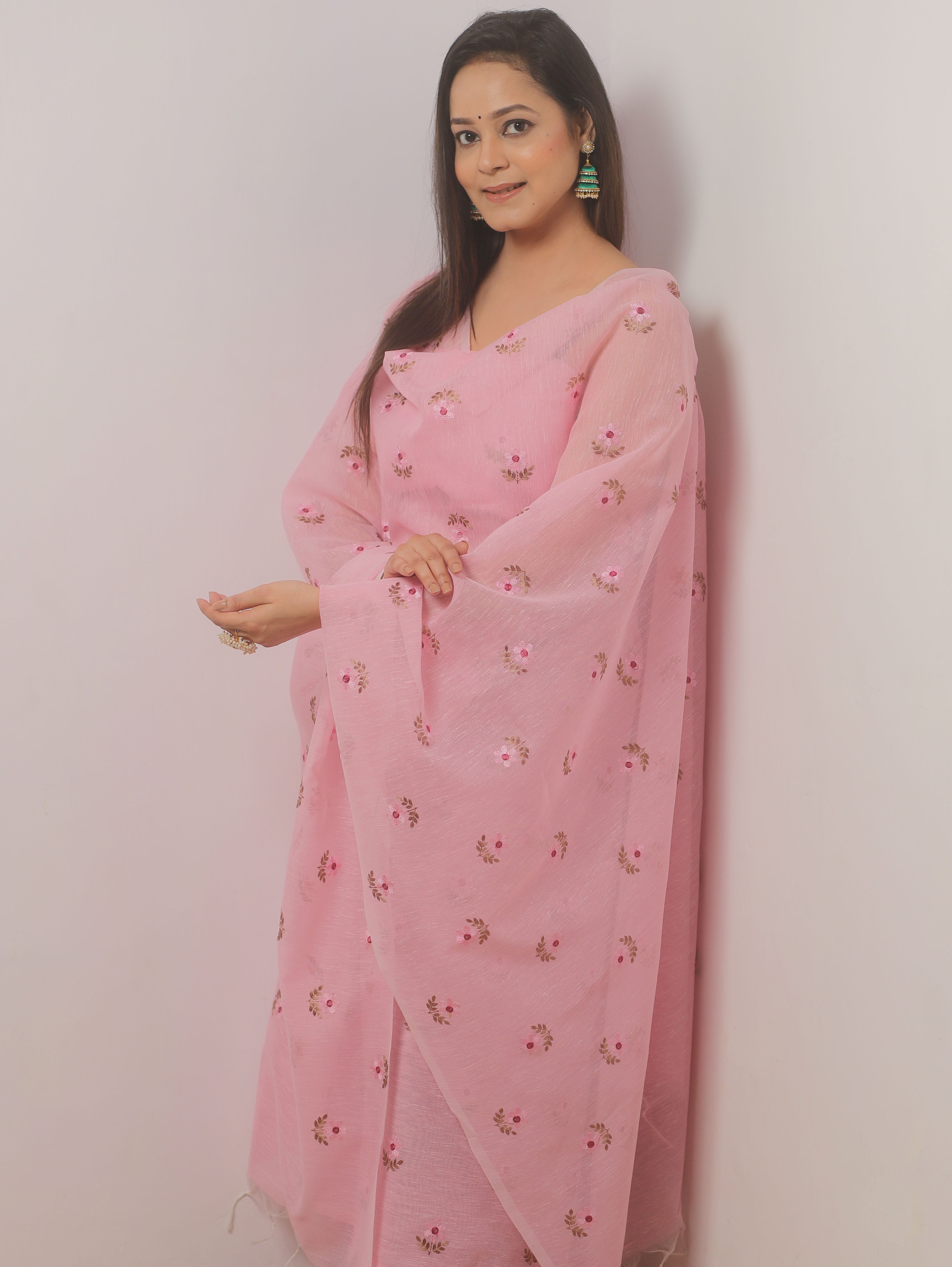 Banarasee Embroidered Linen Cotton Salwar Kameez Fabric With Dupatta-Pink