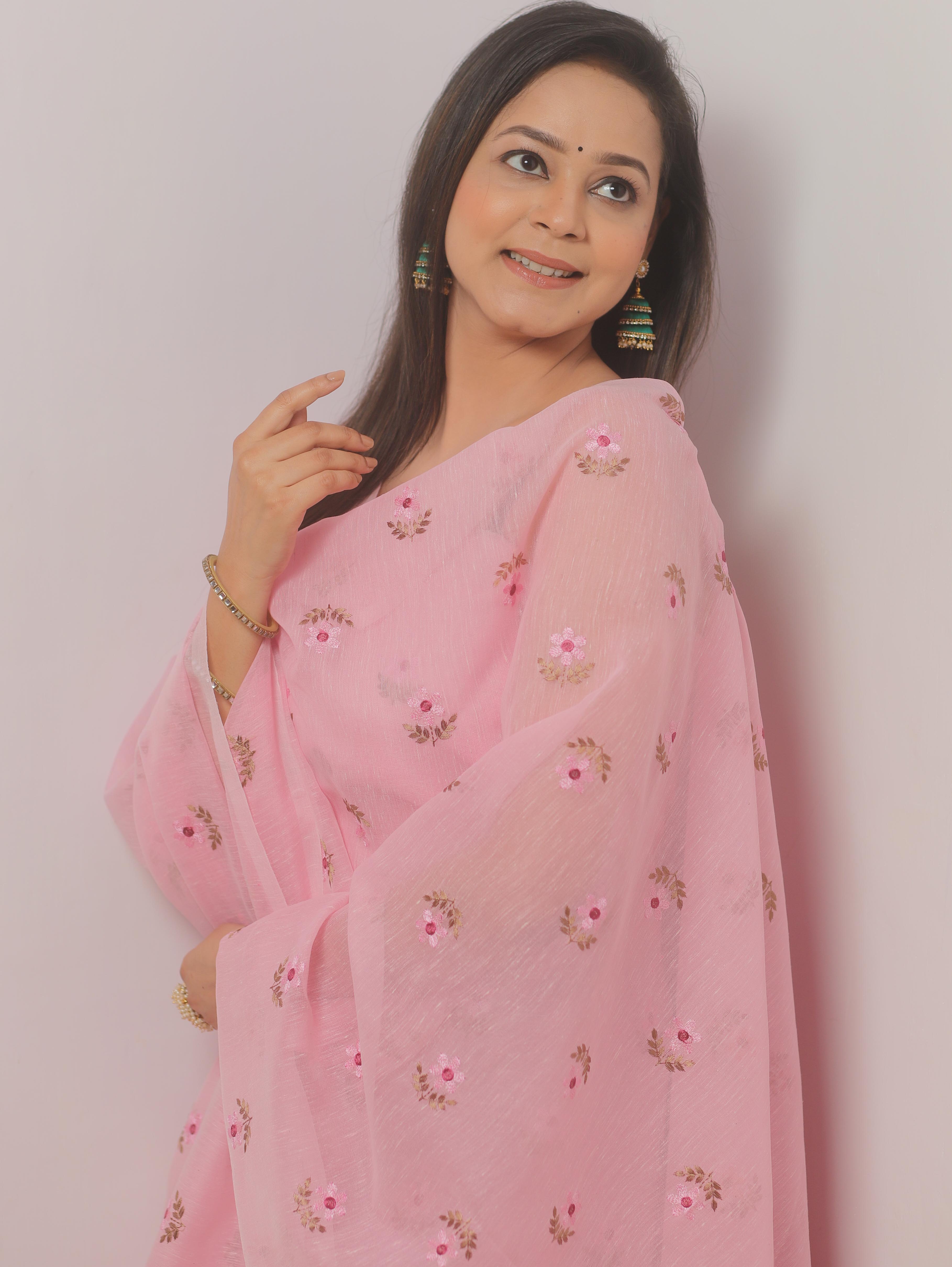 Banarasee Embroidered Linen Cotton Salwar Kameez Fabric With Dupatta-Pink