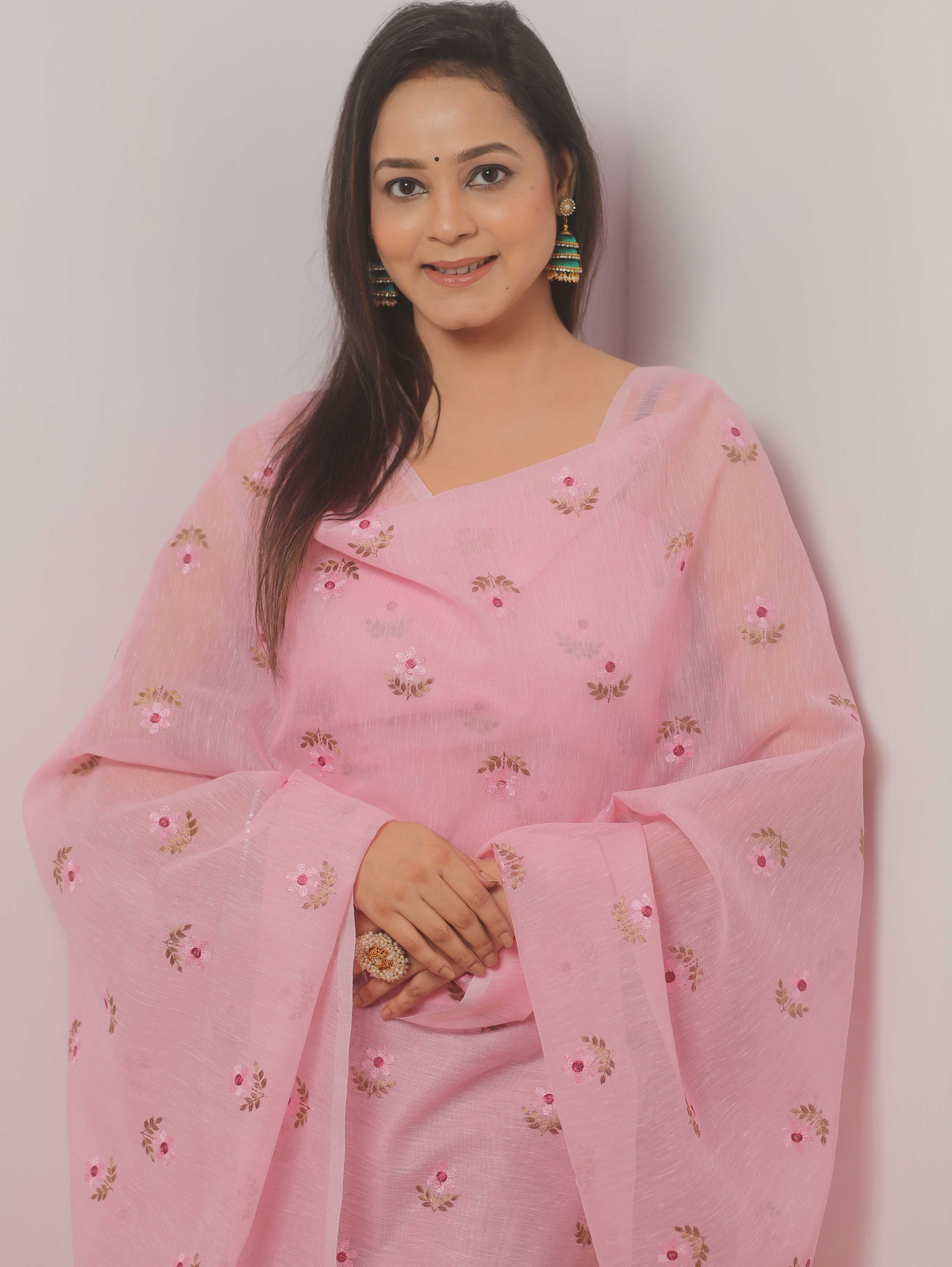 Banarasee Embroidered Linen Cotton Salwar Kameez Fabric With Dupatta-Pink