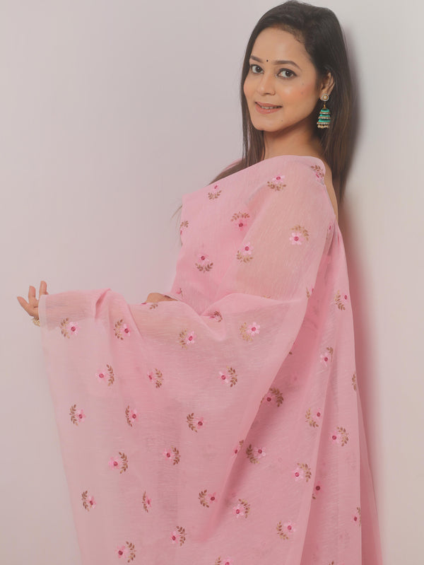 Banarasee Embroidered Linen Cotton Salwar Kameez Fabric With Dupatta-Pink