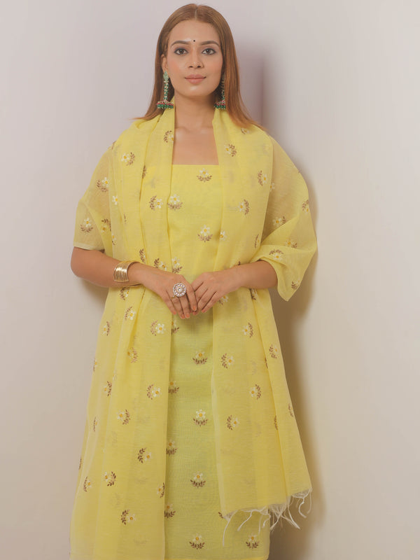 Banarasee Embroidered Linen Cotton Salwar Kameez Fabric With Dupatta-Yellow