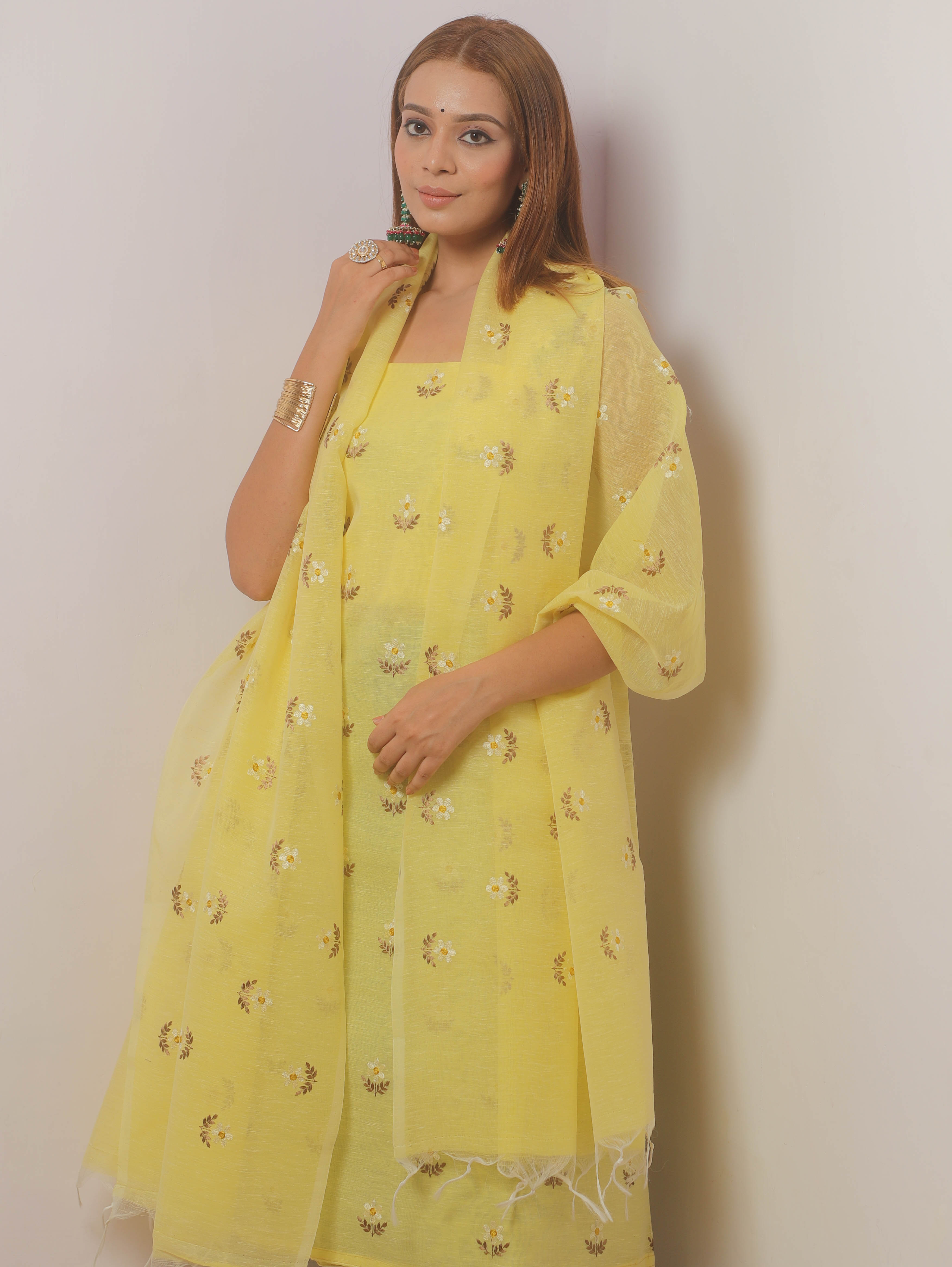 Banarasee Embroidered Linen Cotton Salwar Kameez Fabric With Dupatta-Yellow