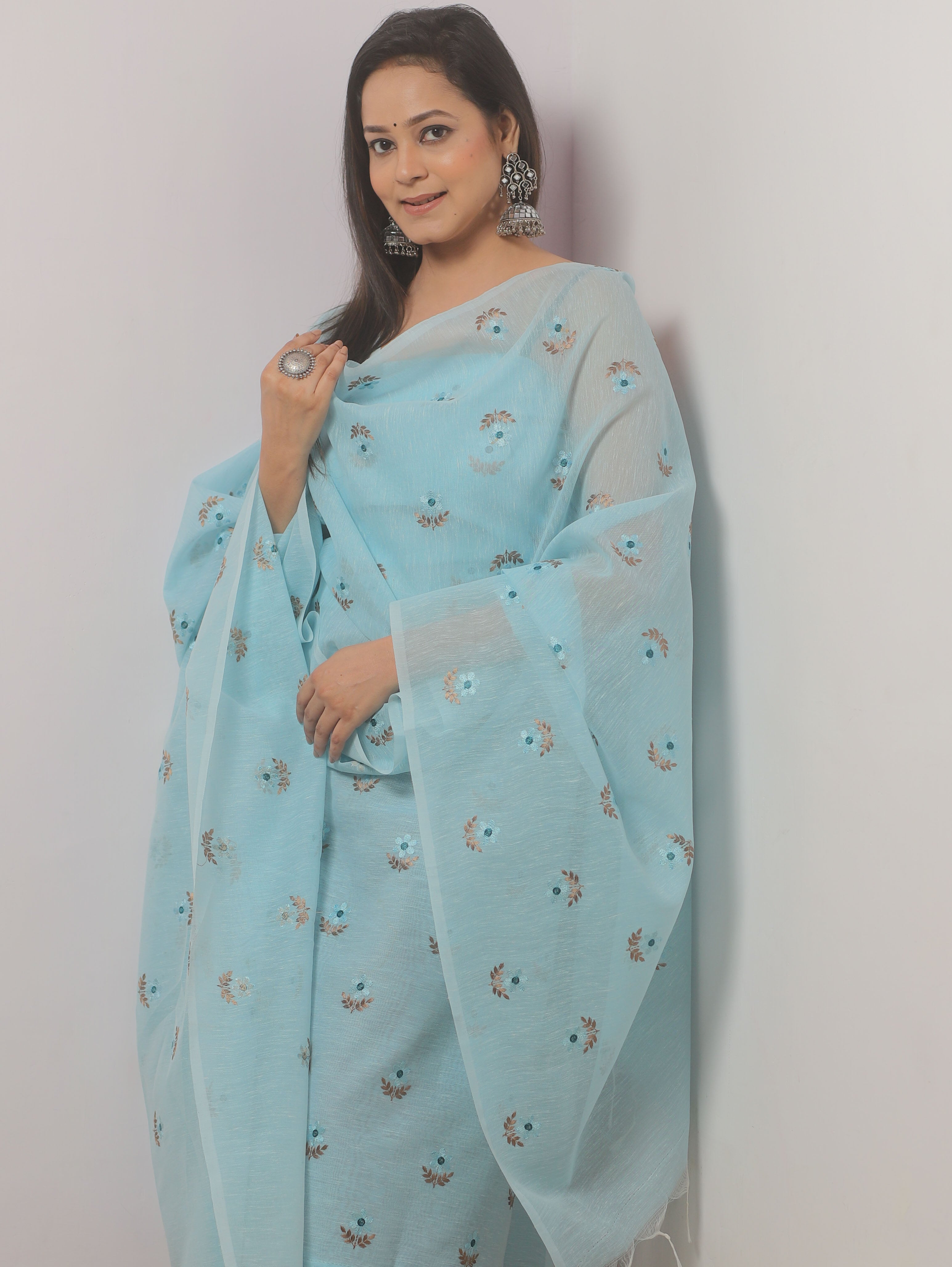 Banarasee Embroidered Linen Cotton Salwar Kameez Fabric With Dupatta-Light Blue