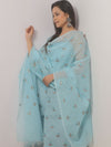 Banarasee Embroidered Linen Cotton Salwar Kameez Fabric With Dupatta-Light Blue