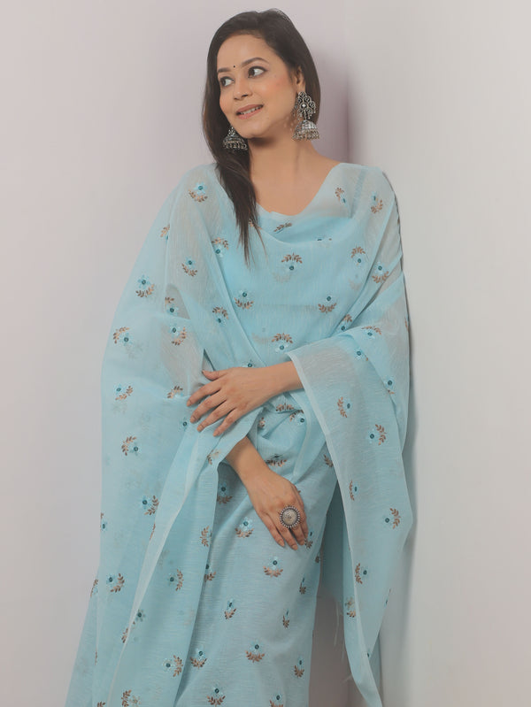 Banarasee Embroidered Linen Cotton Salwar Kameez Fabric With Dupatta-Light Blue