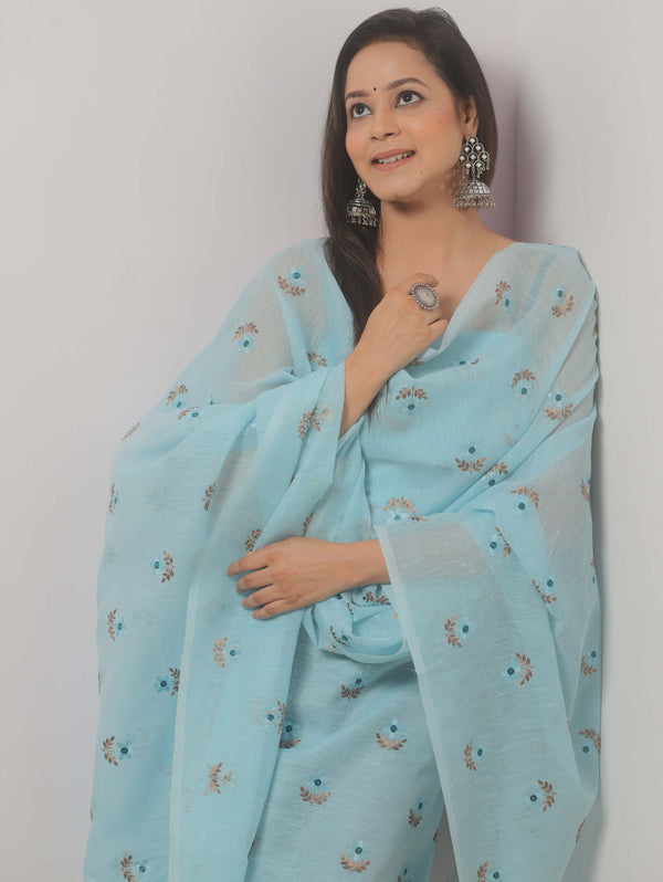 Banarasee Embroidered Linen Cotton Salwar Kameez Fabric With Dupatta-Light Blue