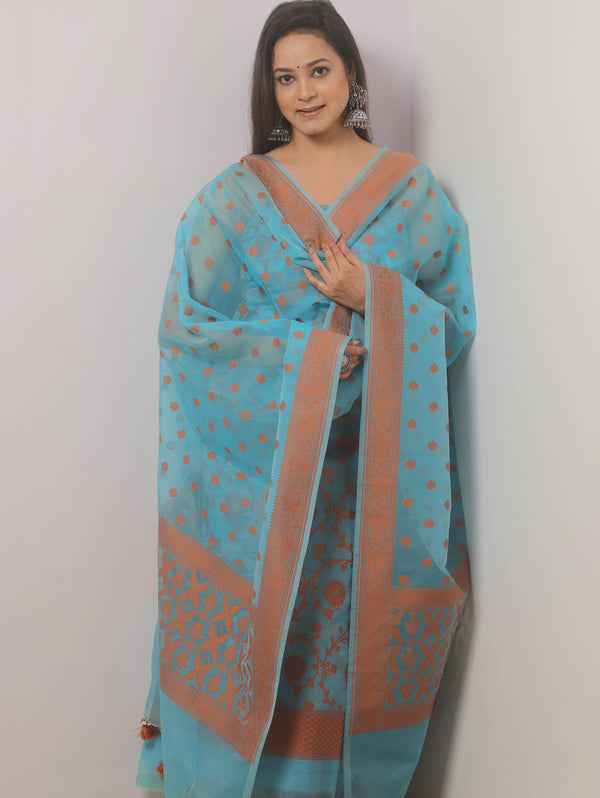 Banarasee Organza Resham Zari Salwar Kameez Fabric With Dupatta-Blue