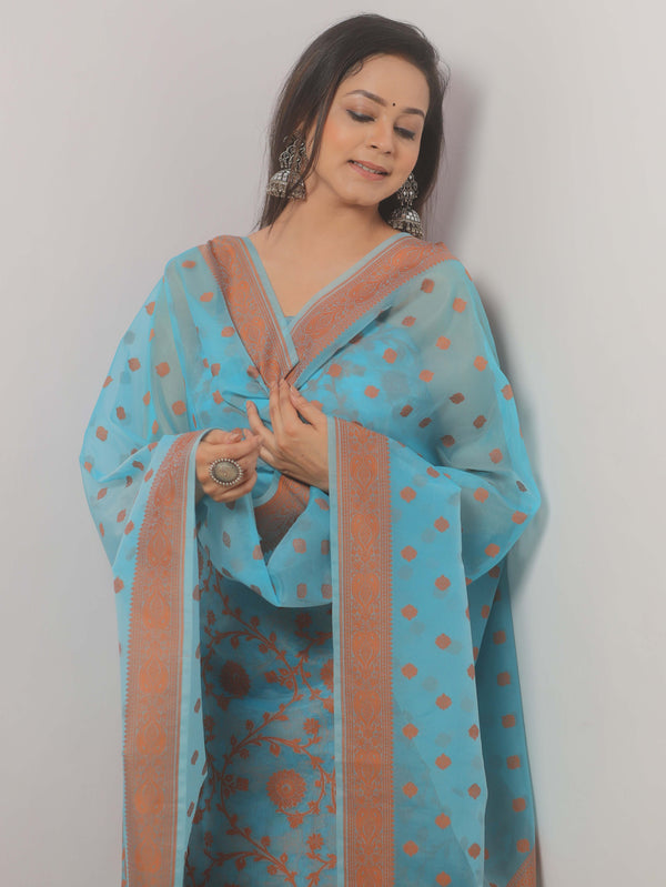 Banarasee Organza Resham Zari Salwar Kameez Fabric With Dupatta-Blue