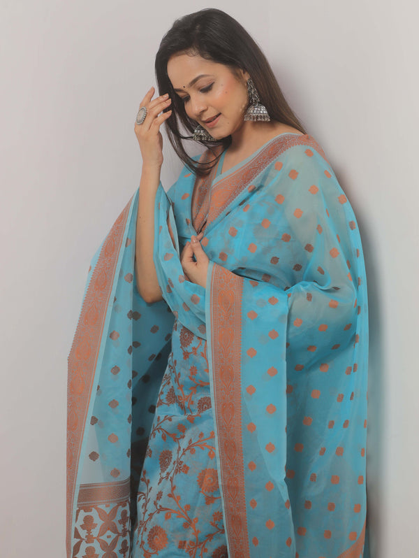 Banarasee Organza Resham Zari Salwar Kameez Fabric With Dupatta-Blue