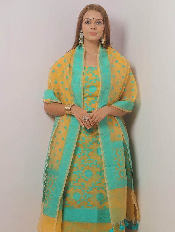 Banarasee Organza Resham Zari Salwar Kameez Fabric With Dupatta-Yellow