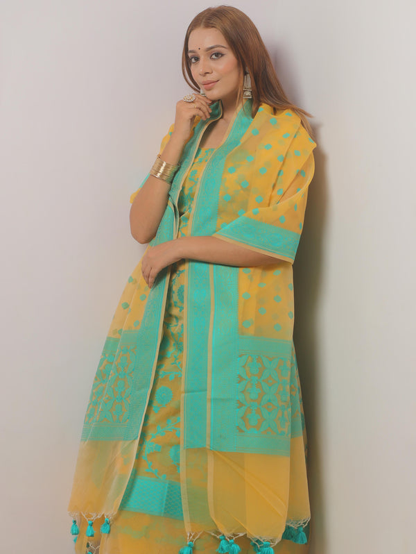 Banarasee Organza Resham Zari Salwar Kameez Fabric With Dupatta-Yellow