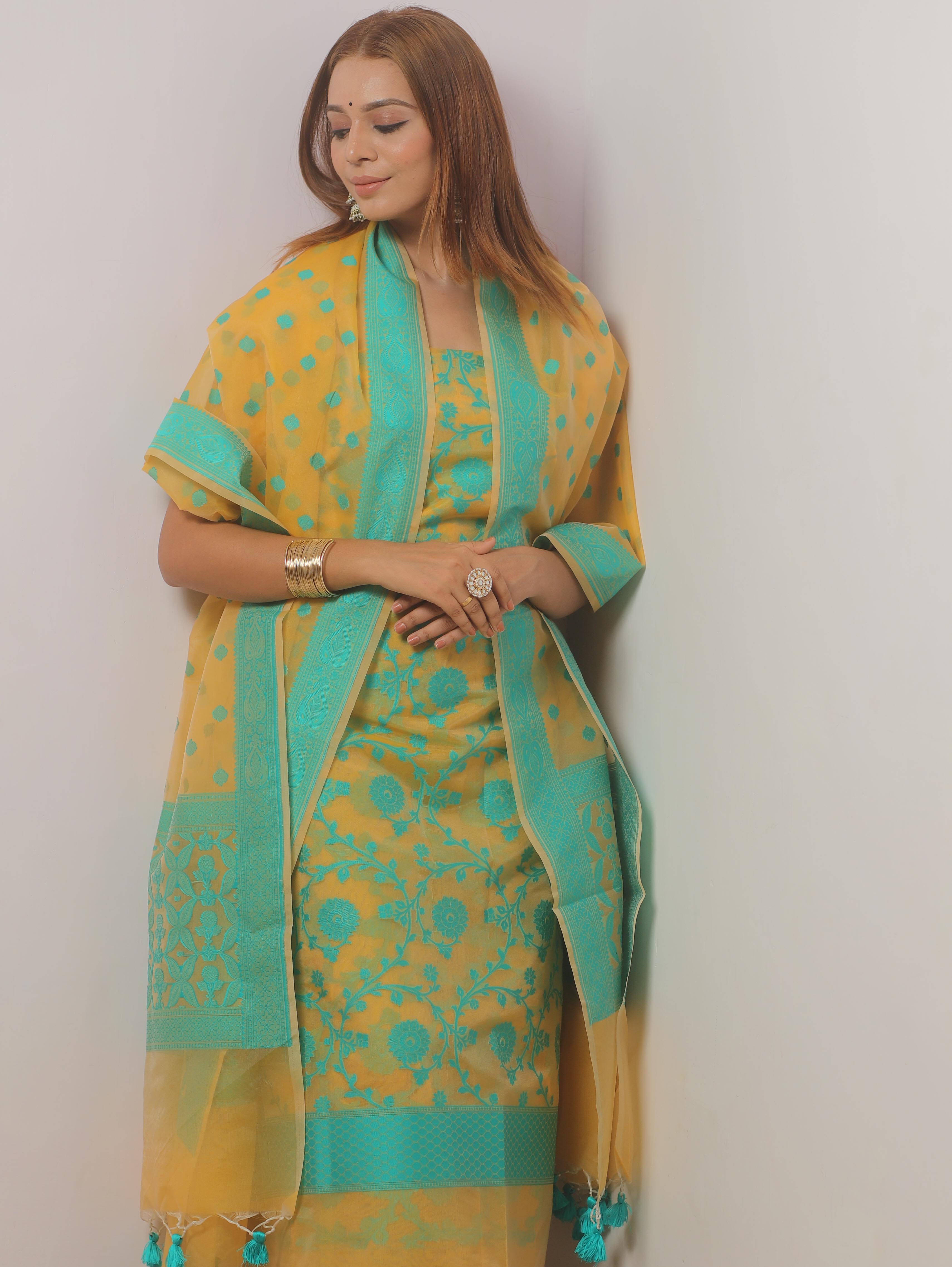 Banarasee Organza Resham Zari Salwar Kameez Fabric With Dupatta-Yellow